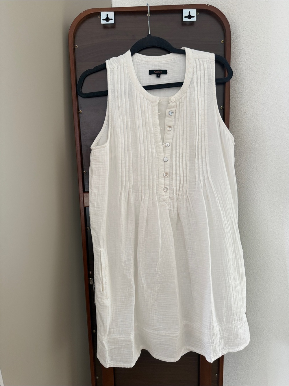 Quince Cream Sleeveless Pintuck Button-Front Mini Dress